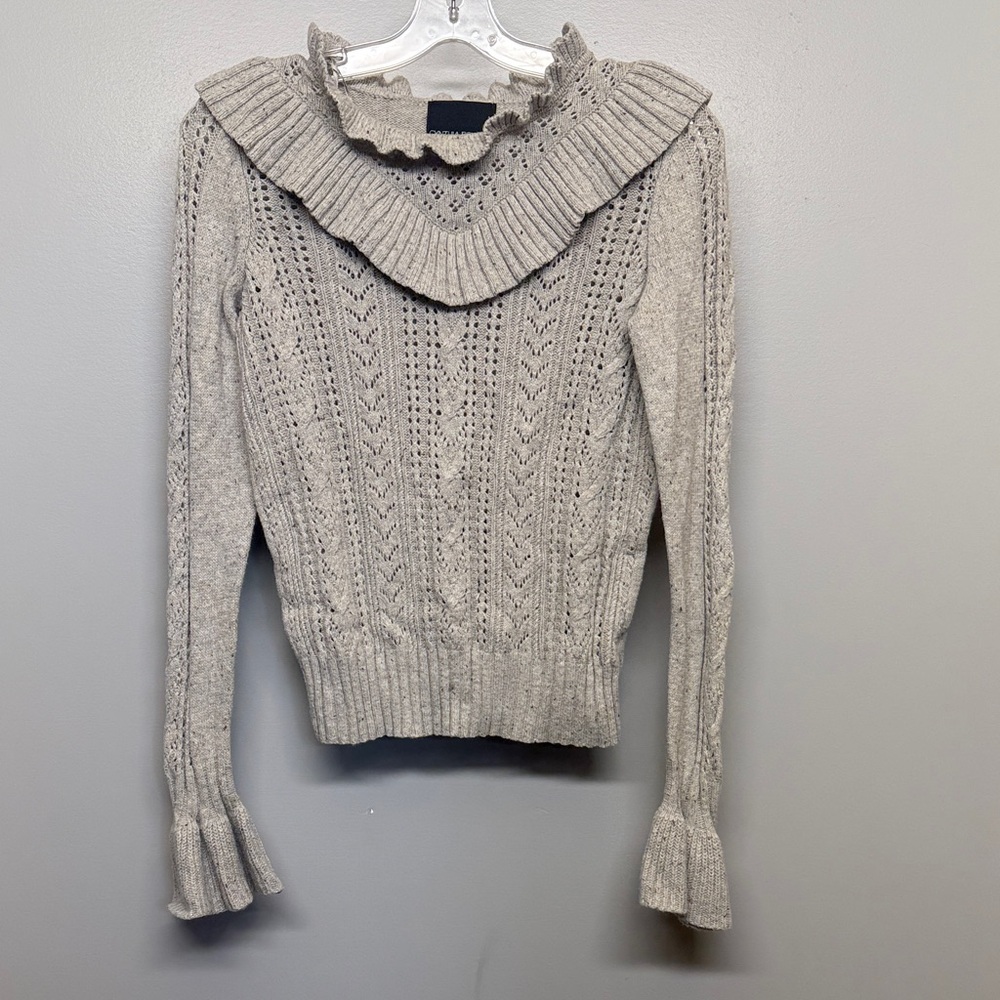 Cynthia Rowley Wool Blend Cream Ruffled Collared Cable-Knit Sweater